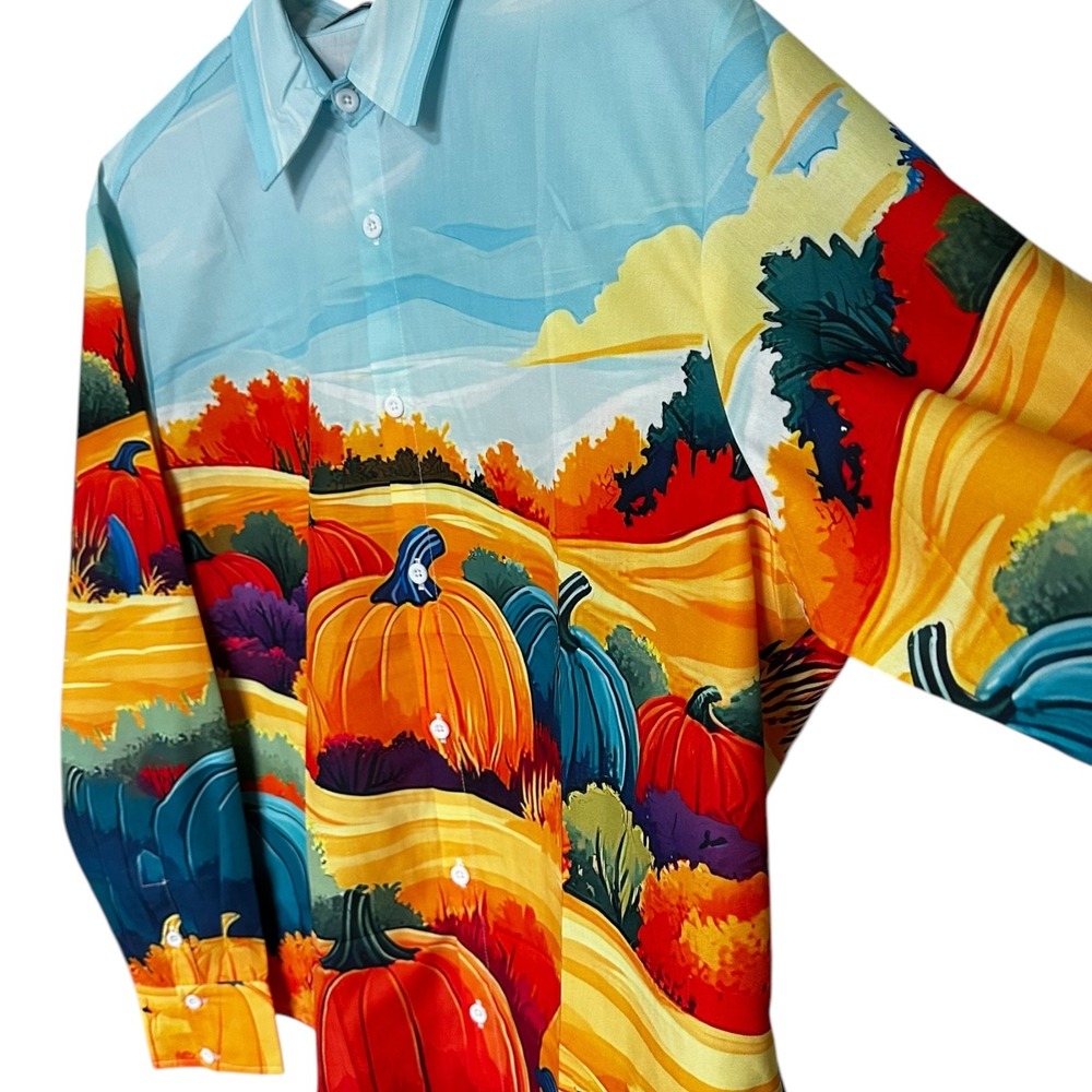 Pumpkin Patch Button Down Shirt, Fall Harvest Festival, Long Sleeve,‎ Men